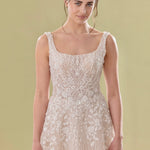 Champagne A-line wedding gown with floral lace appliqués and square neckline — Teresa Atelier | Endless UAE