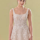 Champagne A-line wedding gown with floral lace appliqués and square neckline — Teresa Atelier | Endless UAE