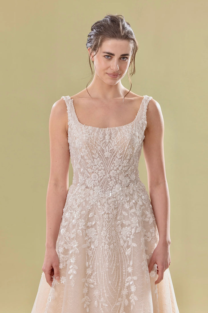 Champagne A-line wedding gown with floral lace appliqués and square neckline — Teresa Atelier | Endless UAE