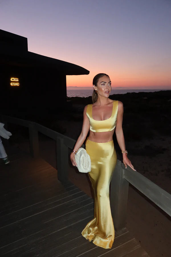 Pale Yellow Maxi Skirt with High Waist and Side Slit — By Keara | Endless UAE