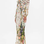 Cream floral cut-out maxi dress with long sleeves and tie front detail — Camilla | Endless UAE