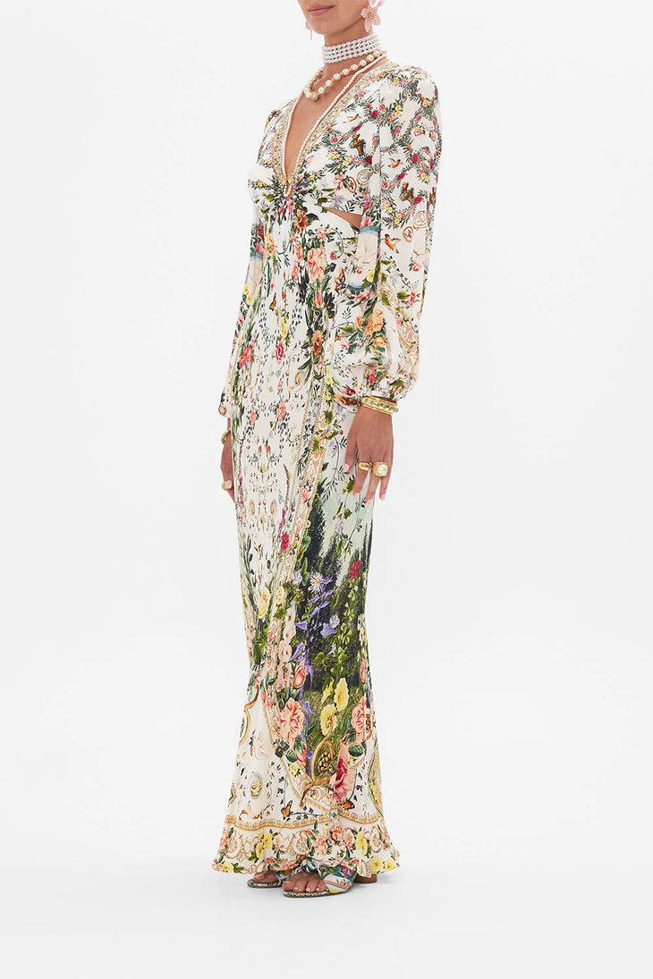 Cream floral cut-out maxi dress with long sleeves and tie front detail — Camilla | Endless UAE