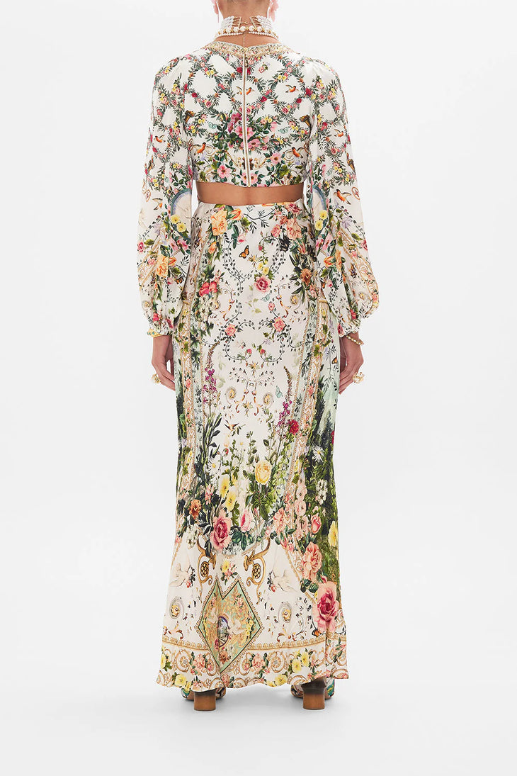 Cream floral cut-out maxi dress with long sleeves and tie front detail — Camilla | Endless UAE