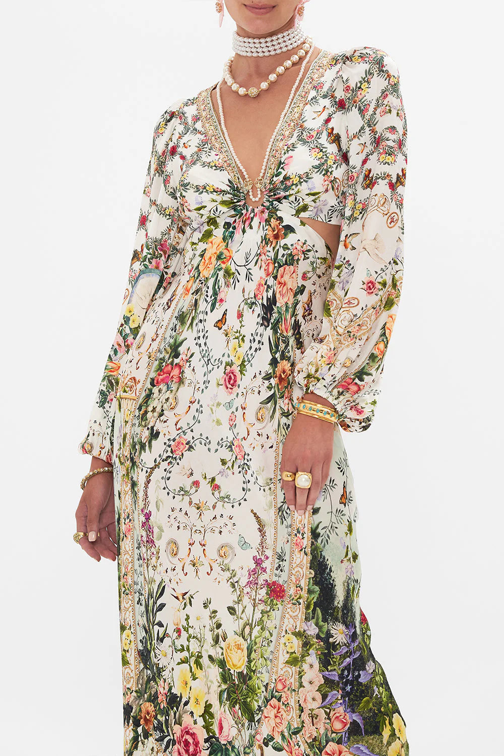 Cream floral cut-out maxi dress with long sleeves and tie front detail — Camilla | Endless UAE