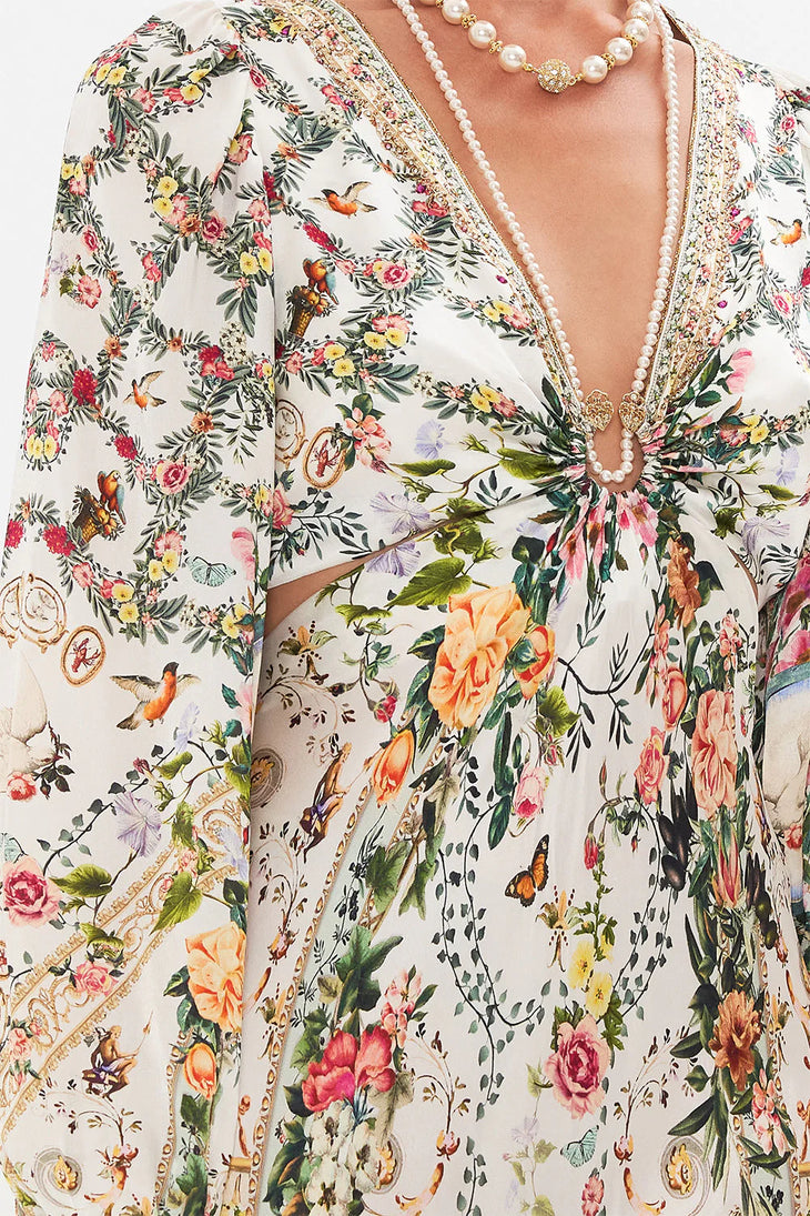 Cream floral cut-out maxi dress with long sleeves and tie front detail — Camilla | Endless UAE