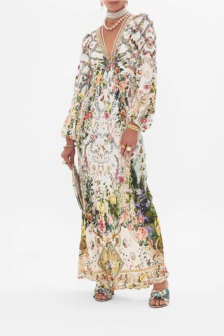 Cream floral cut-out maxi dress with long sleeves and tie front detail — Camilla | Endless UAE