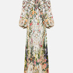 Cream floral cut-out maxi dress with long sleeves and tie front detail — Camilla | Endless UAE