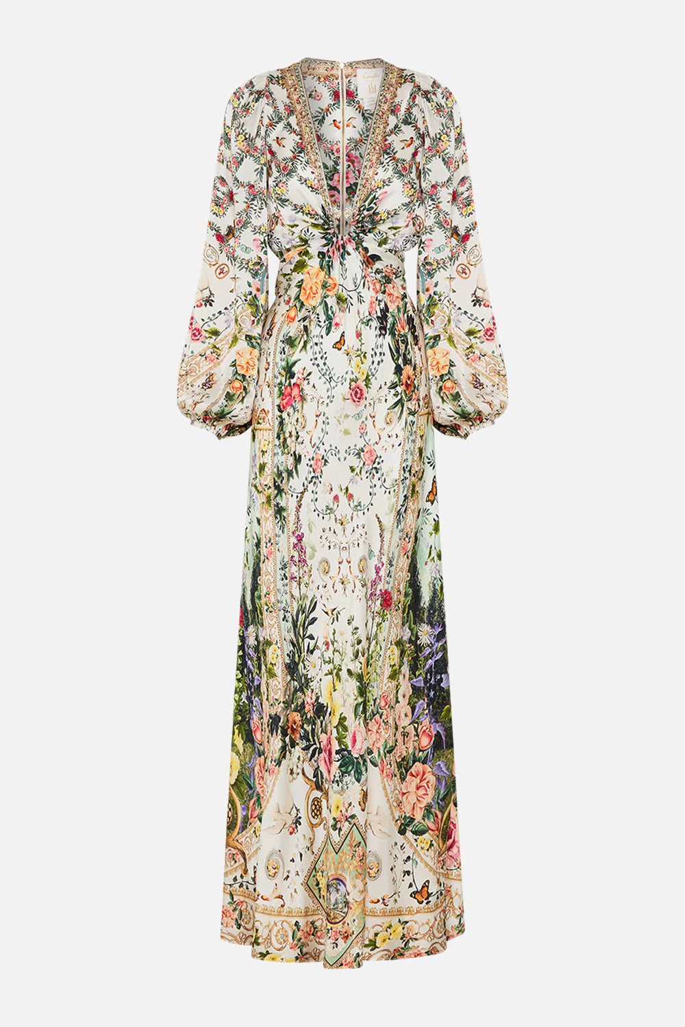 Cream floral cut-out maxi dress with long sleeves and tie front detail — Camilla | Endless UAE
