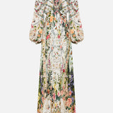 Cream floral cut-out maxi dress with long sleeves and tie front detail — Camilla | Endless UAE