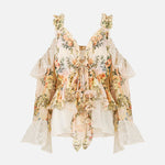 Floral ruffle cold-shoulder blouse with cream high-waisted scalloped shorts — Camilla | Endless UAE