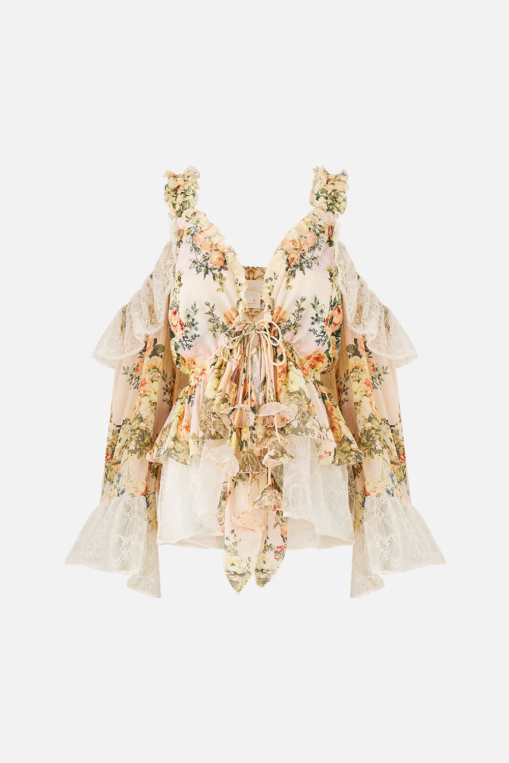Floral ruffle cold-shoulder blouse with cream high-waisted scalloped shorts — Camilla | Endless UAE