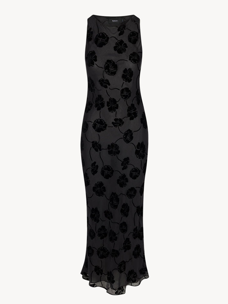 Black floral jacquard sleeveless maxi dress with side cutouts — Realisation Par | Endless UAE
