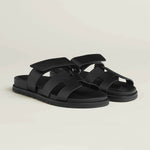 Black leather sandals with wide straps and adjustable ankle strap on chunky sole — Hermes | Endless UAE