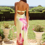 Celeste Maxi Dress in cream with pink floral print, strapless design — Runaway The Label | Endless UAE