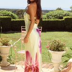 Celeste Maxi Dress in cream with pink floral print, strapless design — Runaway The Label | Endless UAE