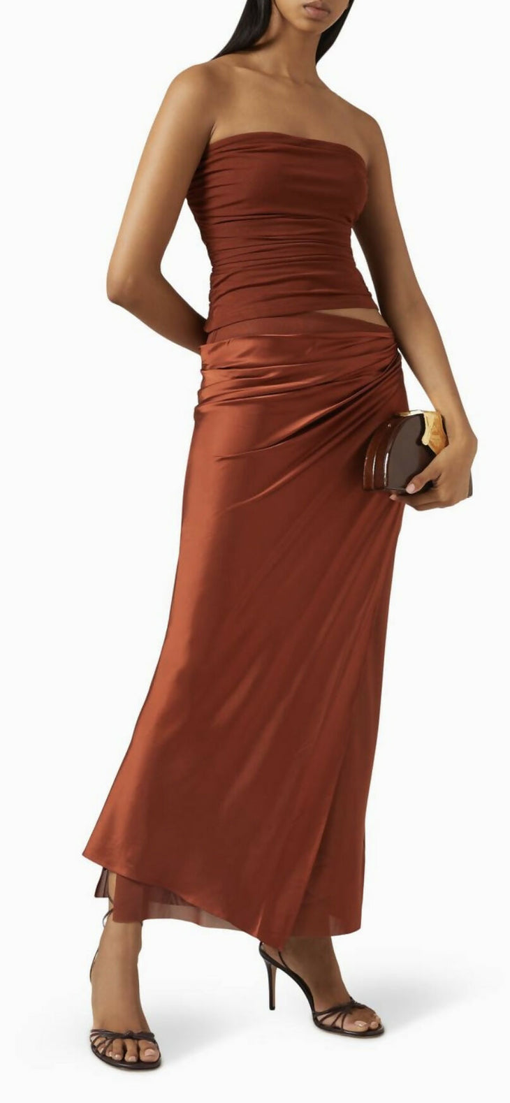 Rust-colored strapless ruched crop top and draped maxi skirt two-piece set in satin fabric — Significant Other | Endless UAE