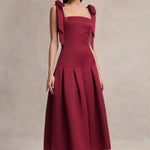 Burgundy satin midi dress with square neckline and bow shoulder straps — Club L London | Endless UAE