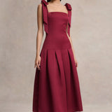 Burgundy satin midi dress with square neckline and bow shoulder straps — Club L London | Endless UAE