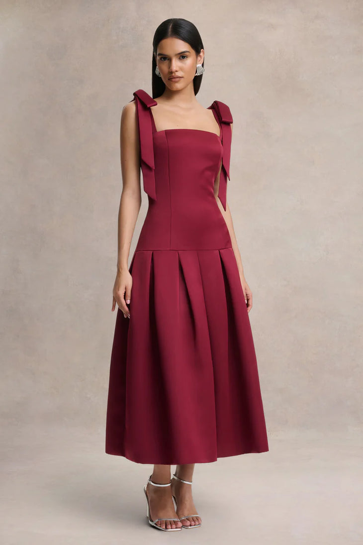 Burgundy satin midi dress with square neckline and bow shoulder straps — Club L London | Endless UAE
