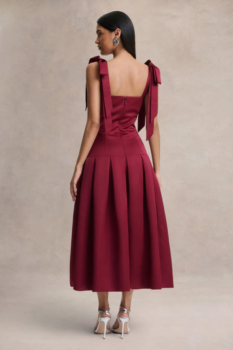 Burgundy satin midi dress with square neckline and bow shoulder straps — Club L London | Endless UAE