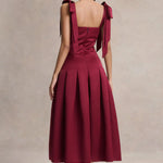Burgundy satin midi dress with square neckline and bow shoulder straps — Club L London | Endless UAE
