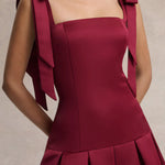 Burgundy satin midi dress with square neckline and bow shoulder straps — Club L London | Endless UAE