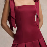 Burgundy satin midi dress with square neckline and bow shoulder straps — Club L London | Endless UAE