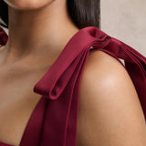 Burgundy satin midi dress with square neckline and bow shoulder straps — Club L London | Endless UAE