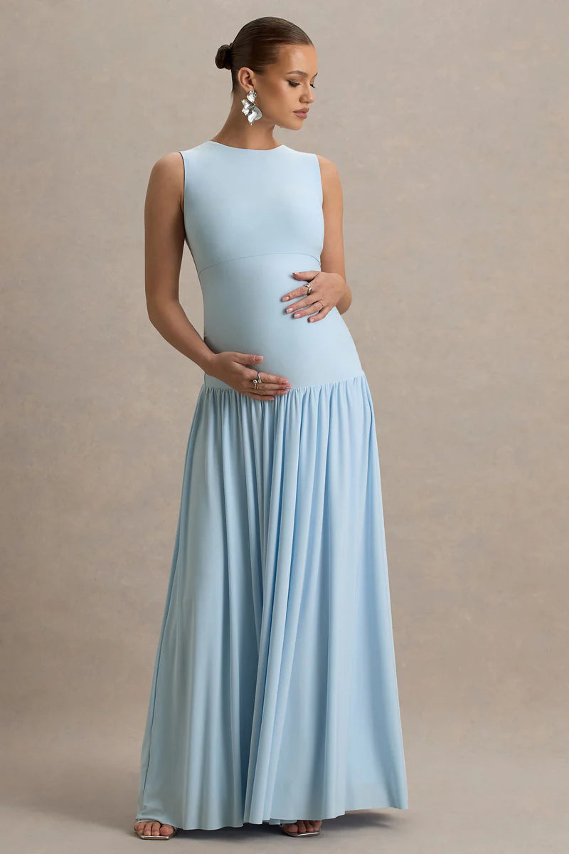 Light blue maternity maxi dress with crew neckline and pleated skirt — Club L London | Endless UAE