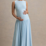 Light blue maternity maxi dress with crew neckline and pleated skirt — Club L London | Endless UAE