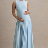 Light blue maternity maxi dress with crew neckline and pleated skirt — Club L London | Endless UAE
