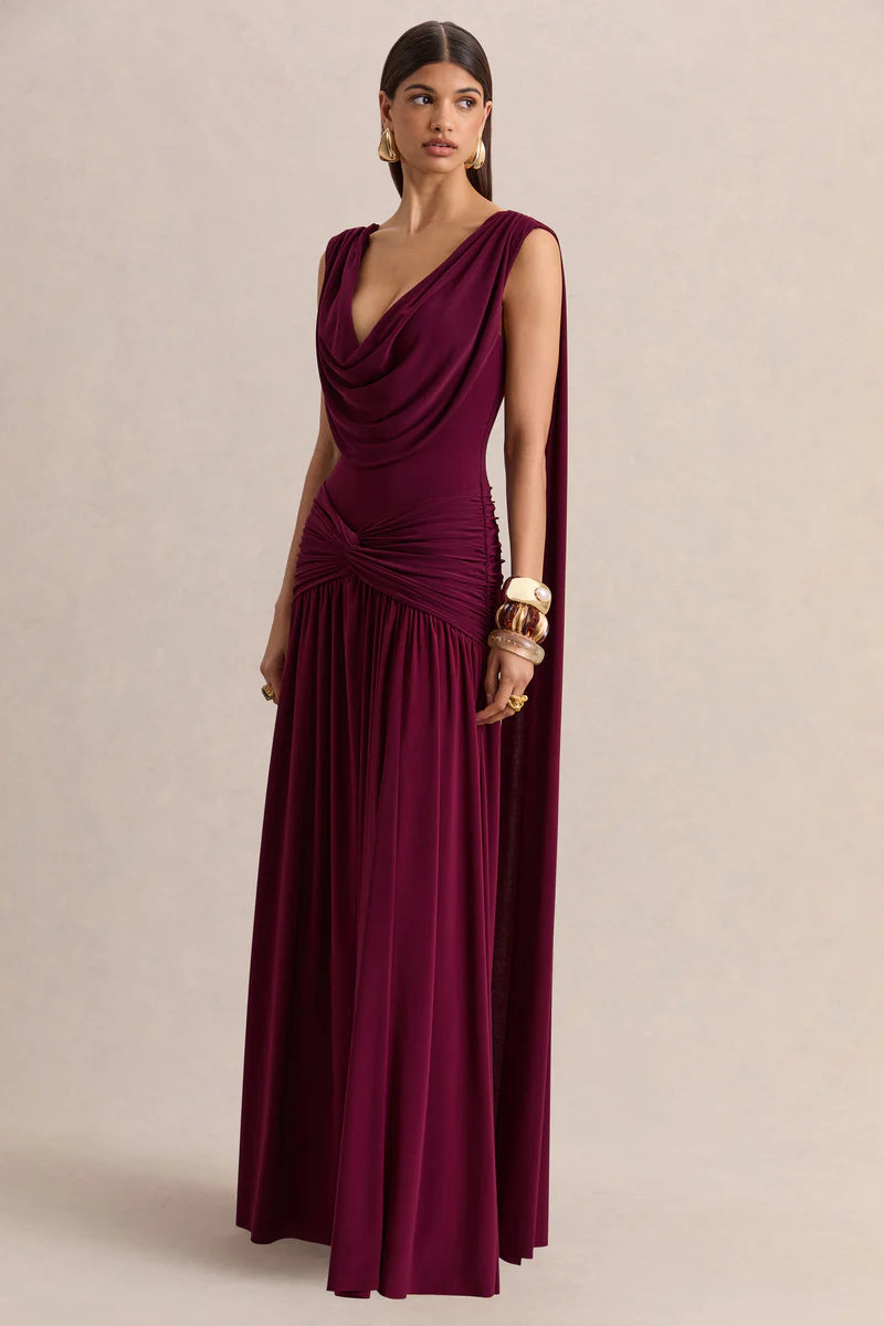 Amelisse burgundy plunge-neck maxi dress with ruched detailing — Club L London | Endless UAE