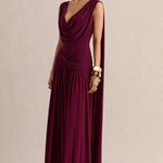 Amelisse burgundy plunge-neck maxi dress with ruched detailing — Club L London | Endless UAE