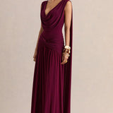Amelisse burgundy plunge-neck maxi dress with ruched detailing — Club L London | Endless UAE