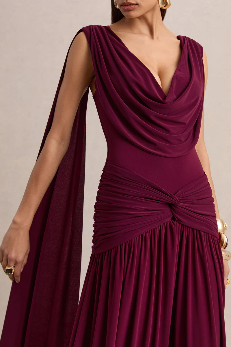 Amelisse burgundy plunge-neck maxi dress with ruched detailing — Club L London | Endless UAE