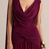 Amelisse burgundy plunge-neck maxi dress with ruched detailing — Club L London | Endless UAE