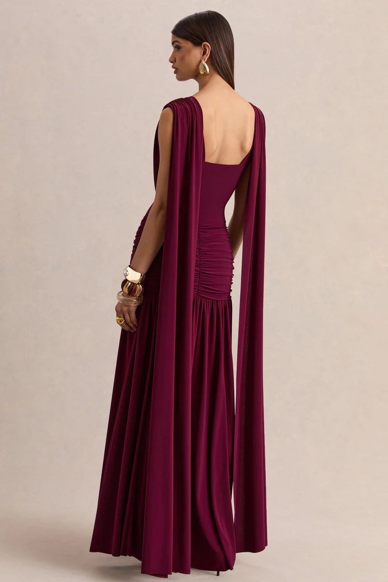 Amelisse burgundy plunge-neck maxi dress with ruched detailing — Club L London | Endless UAE