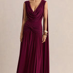 Amelisse burgundy plunge-neck maxi dress with ruched detailing — Club L London | Endless UAE