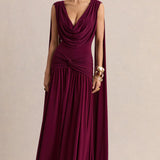 Amelisse burgundy plunge-neck maxi dress with ruched detailing — Club L London | Endless UAE