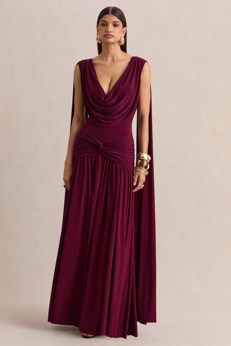 Amelisse burgundy plunge-neck maxi dress with ruched detailing — Club L London | Endless UAE