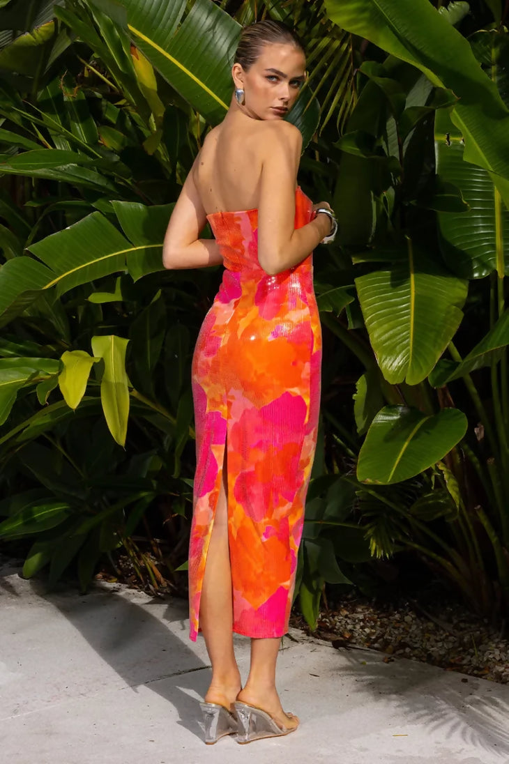 Oralie Midi Dress in vibrant pink, orange and yellow tie-dye print — Runaway The Label | Endless UAE