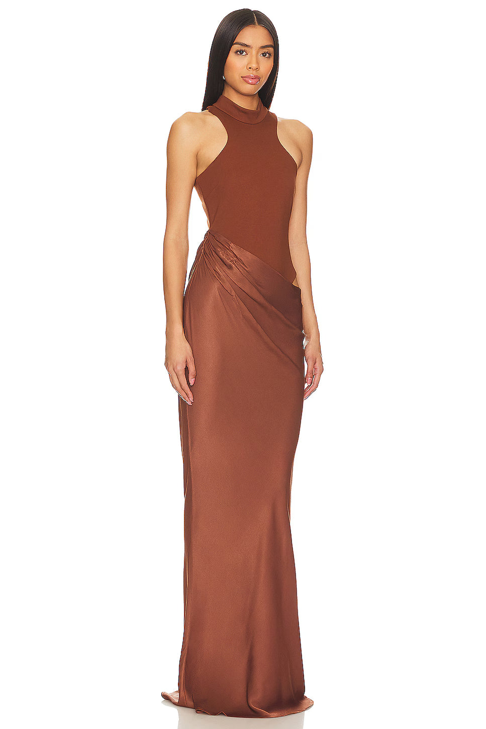 Elegant brown satin maxi dress with high neckline and racerback design, featuring floor-length silhouette — Camila Coelho | Endless UAE