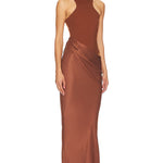 Elegant brown satin maxi dress with high neckline and racerback design, featuring floor-length silhouette — Camila Coelho | Endless UAE