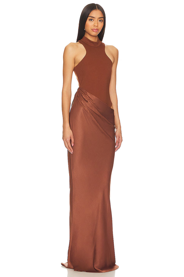 Elegant brown satin maxi dress with high neckline and racerback design, featuring floor-length silhouette — Camila Coelho | Endless UAE