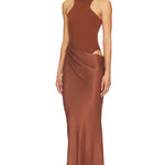 Brown halter neck maxi dress with cutout detail and draped satin skirt — Camila Coelho | Endless UAE
