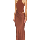 Brown halter neck maxi dress with cutout detail and draped satin skirt — Camila Coelho | Endless UAE