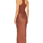 Long burnt orange maxi dress with racerback bodice and draped satin skirt, back view — Camila Coelho | Endless UAE
