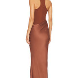 Long burnt orange maxi dress with racerback bodice and draped satin skirt, back view — Camila Coelho | Endless UAE