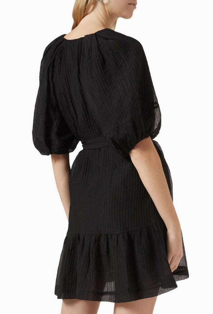 Black mini dress with puff sleeves, gathered neckline, tie waist and ruffle hem in textured fabric — Minkpink | Endless UAE