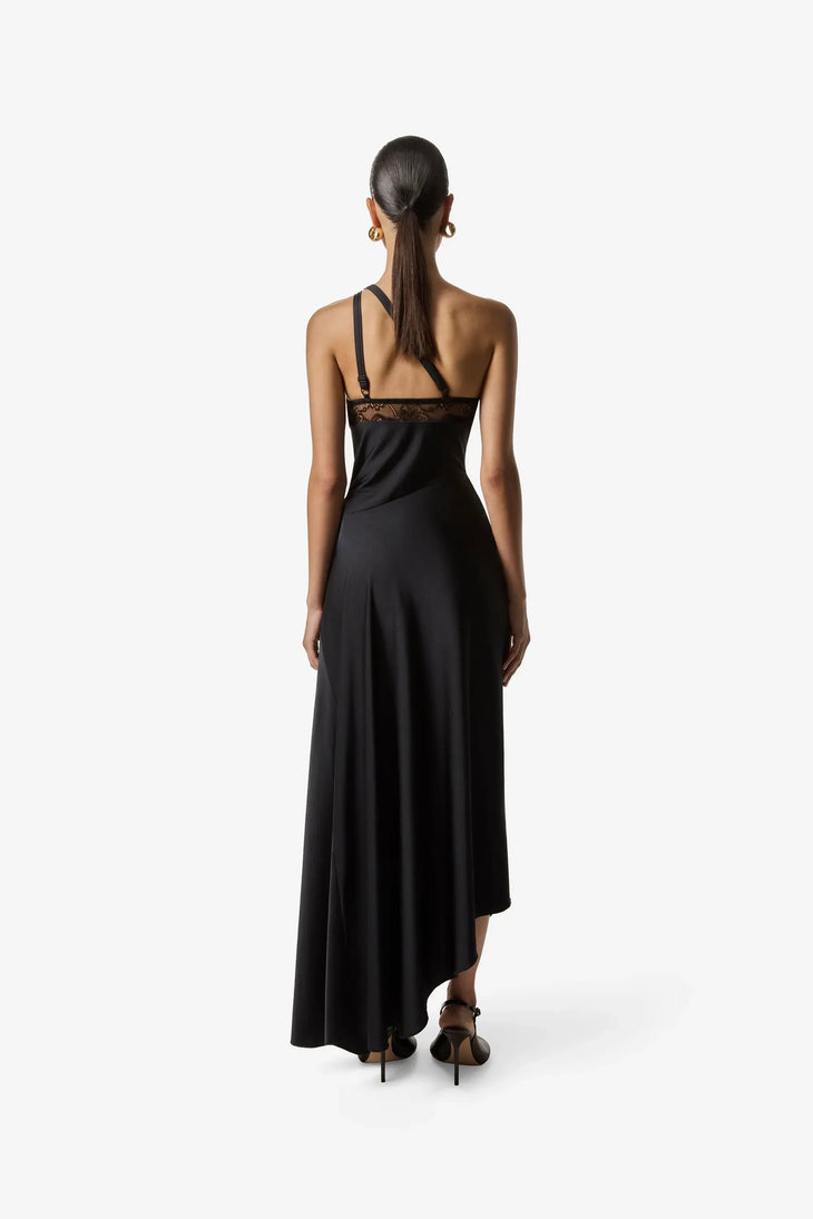 Black asymmetric long dress with lace panel detail and crossed back straps, rear view — Coperni | Endless UAE